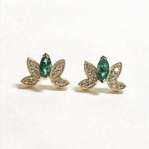 Custom heirloom redesign by Bexon Jewelry gold earrings with diamonds and marquise cut emeralds