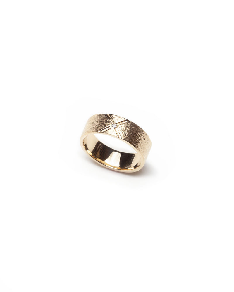 Bexon Fine Jewelry Regni wide cigar band ring in 14k recycled gold and flush set grey or black conflict-free diamond