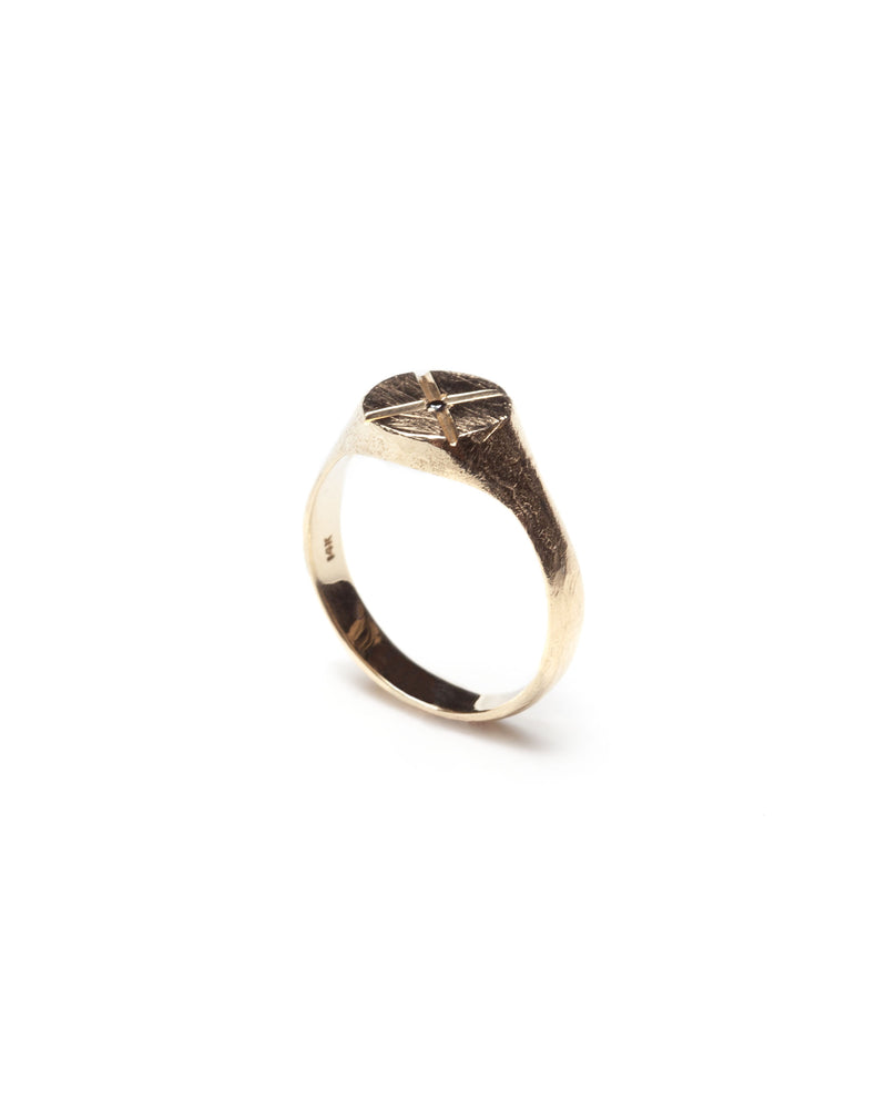 Bexon Fine Jewelry Opus round signet ring in 14k recycled gold and flush set grey or black conflict-free diamond