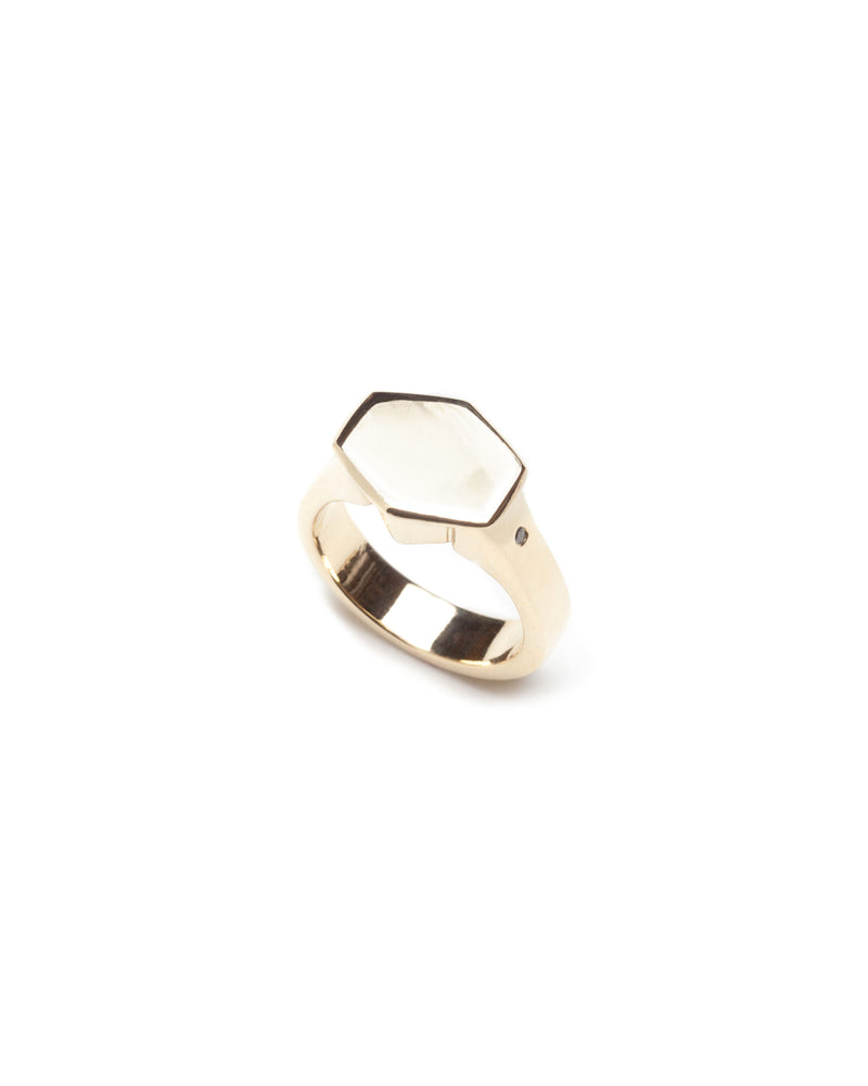 Bexon Fine Jewelry Hexagon signet ring in 14k recycled gold and flush set grey or black conflict-free diamonds