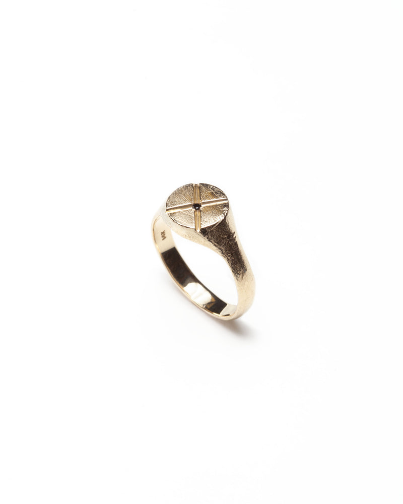 Bexon Fine Jewelry Opus round signet ring in 14k recycled gold and flush set grey or black conflict-free diamond