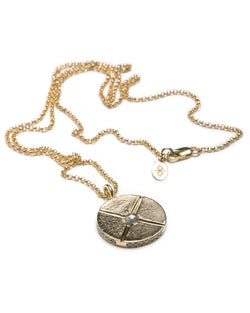 Bexon Fine Jewelry Sole Medallion pendant necklace, 20 mm. diameter on 20" rolo chain, 14k recycled yellow gold and conflict free grey pavé set diamonds and a center set 3 mm. grey rose cut diamond