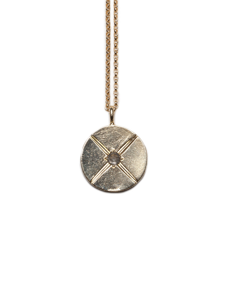 Bexon Fine Jewelry Sole Medallion pendant necklace, 20 mm. diameter on 20" rolo chain, 14k recycled yellow gold and conflict free grey pavé set diamonds and a center set 3 mm. grey rose cut diamond